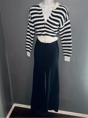 Sincerely Jules Matching Knit Set Preppy Blue White Striped Sweater Pants Small